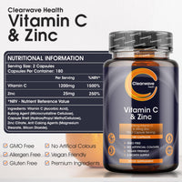Vitamin C and Zinc | High Strength Vitamin C Capsules | 1200mg VIT C and Zinc 25mg Per 2 Capsule Daily Serving | By Clearwave Health