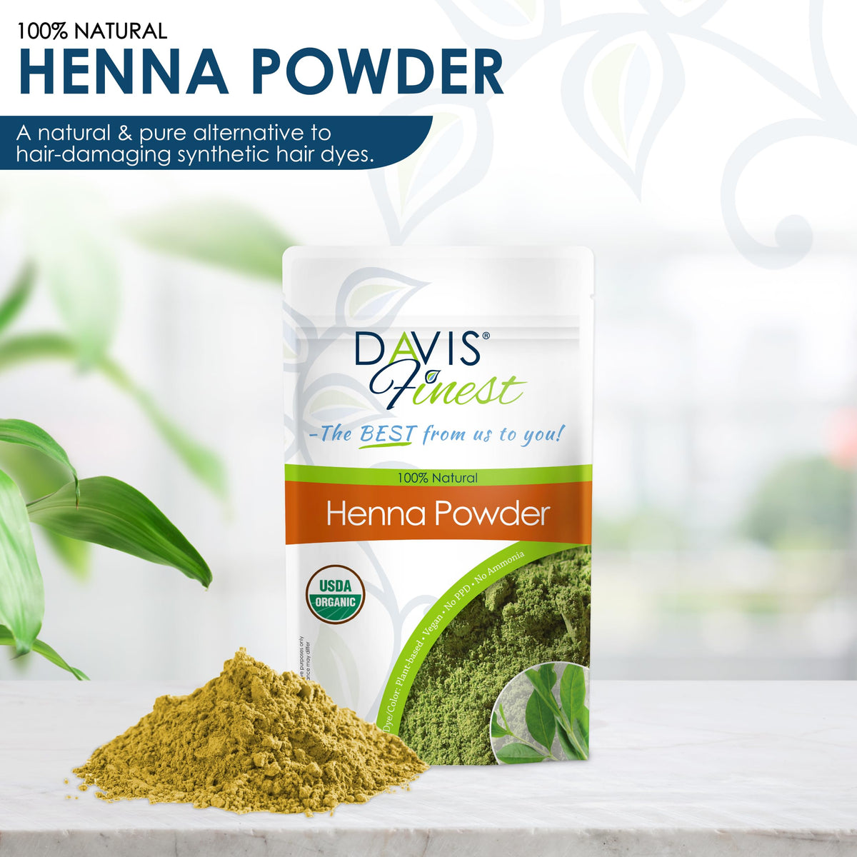 Davis Finest - Organic Henna Powder, 100g - PPD-Free Natural, Skin Friendly Hair & Beard Dye - Ideal for Hair Colouring & Henna Cone Paste - Easy to Use, 100% Plant Based, Chemical Free Hair Dye