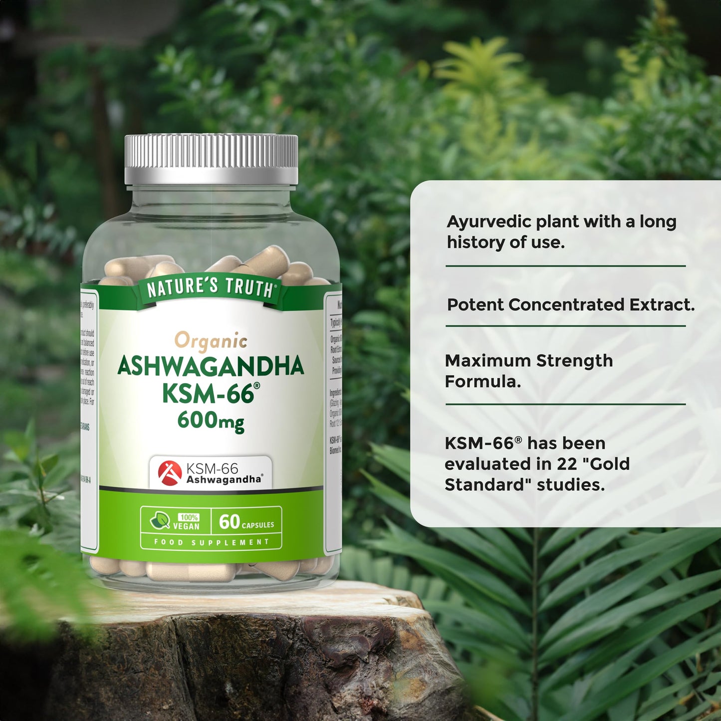 Ashwagandha KSM-66 600mg | High Strength Supplement with 5% Withanolides | 60 Vegan Capsules for Men & Women | by Nature's Truth