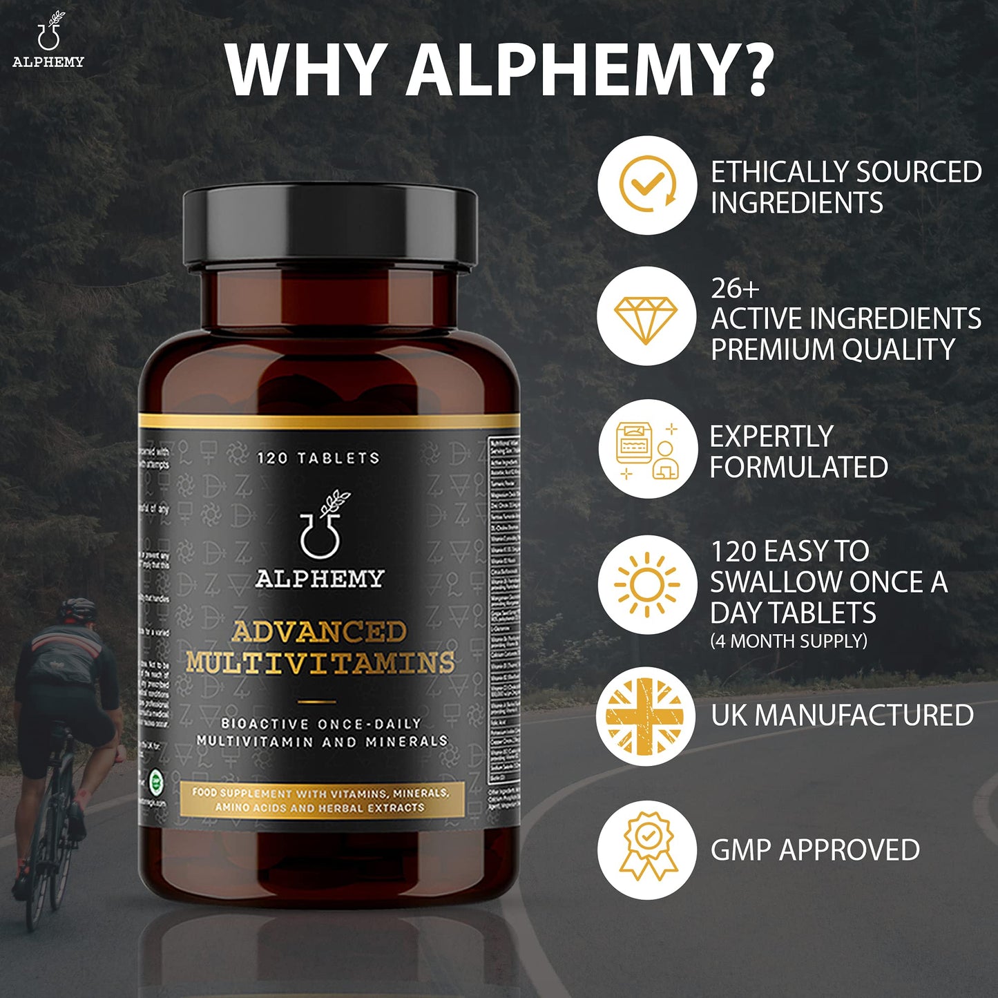 Alphemy Advanced Multivitamin and Minerals - 120 Tablets, (4 Month Supply) 26 A-Z High Strength Bioactive Vitamins and Minerals. Daily Tablets for Men & Women – UK Manufactured