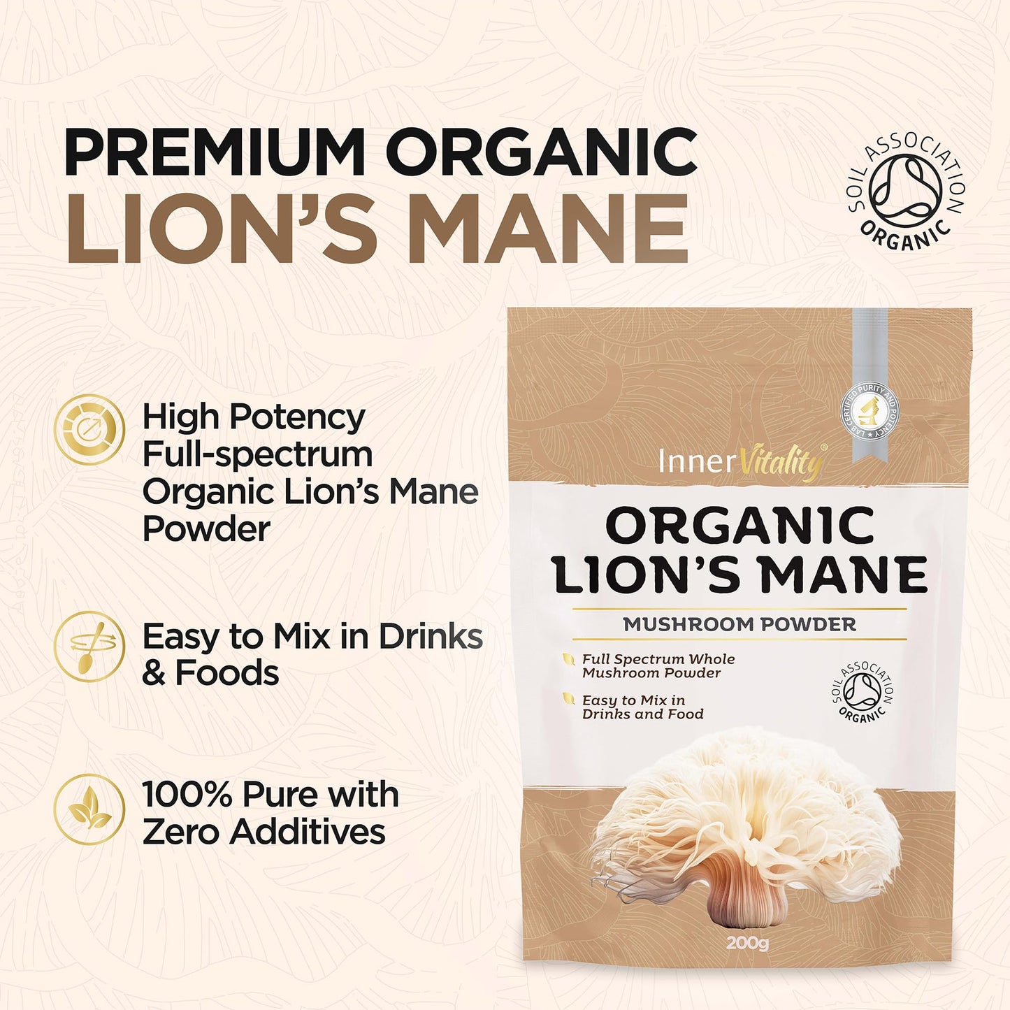 Organic Lions Mane Mushroom Powder 200g - High Strength Full Spectrum Fruiting Body Mushroom Supplement to Support Brain & Mental Performance by Inner Vitality (Large)