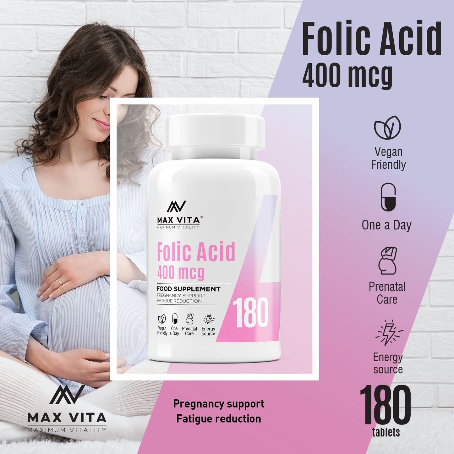 Folic Acid 400 mcg Vitamin B9 Pregnancy Care Maternal Tissue Growth During Immune System Support Energy Production Women Health 180 Vegan Tablets
