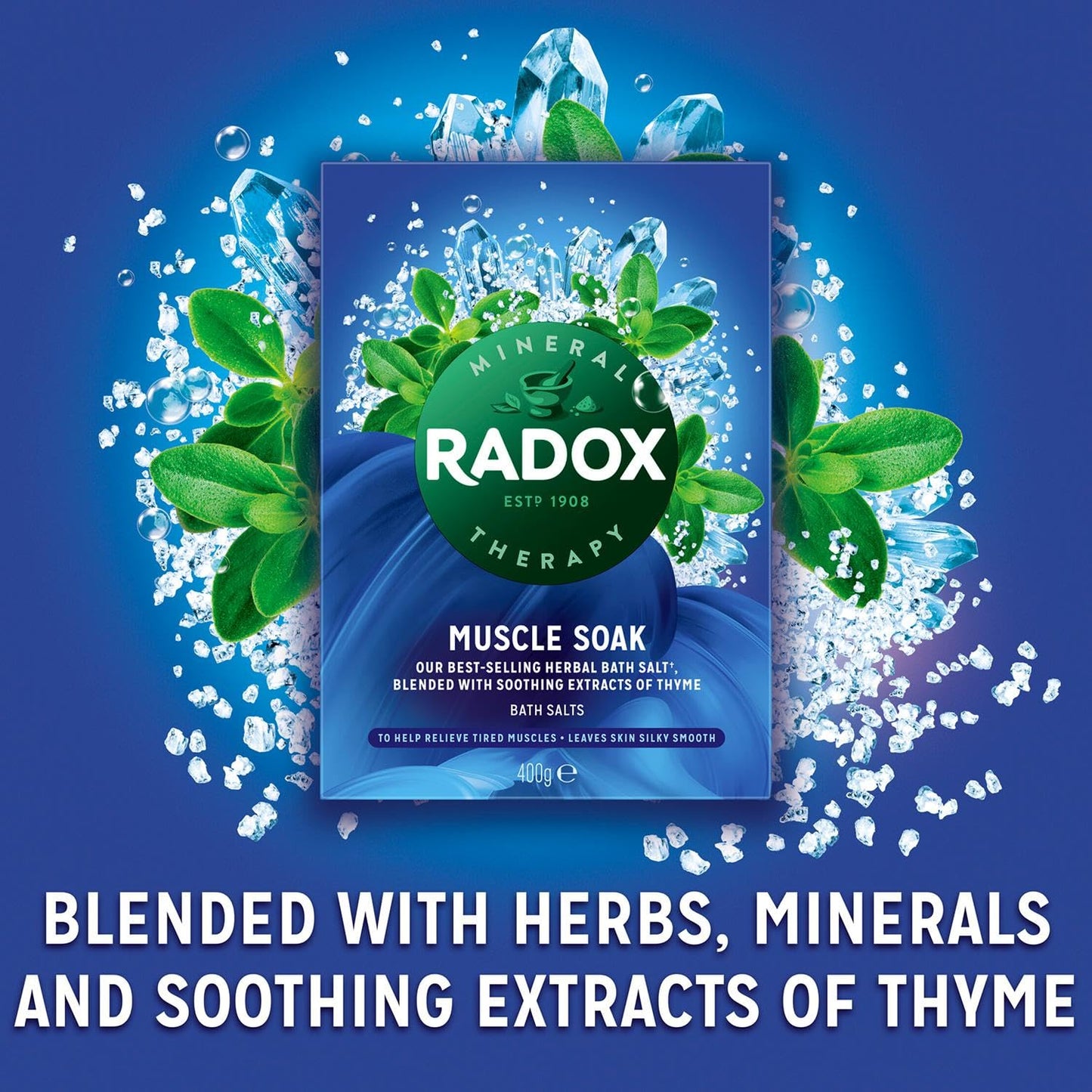 Radox Muscle Soak Bath Therapy Thyme Scented Herbal Bath Salt with expertly Blended Herbs and Minerals to Soothe and soak Your Tired and Aching Muscles, 400g Multi Buy 4 Pack