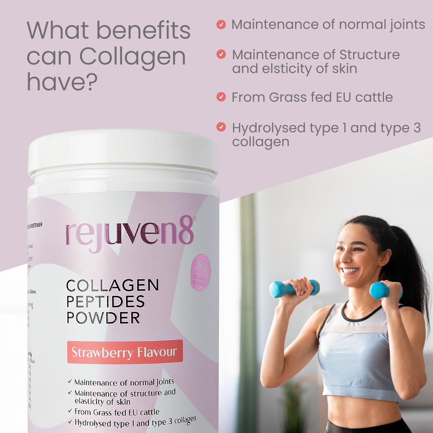 Rejuven8 Collagen Peptides Powder - 400g Strawberry Flavour - 26g of Collagen and 24g of Protein Per Serving - Grass Fed Bovine Collagen Powder for Women & Men - Protein Collagen Powder