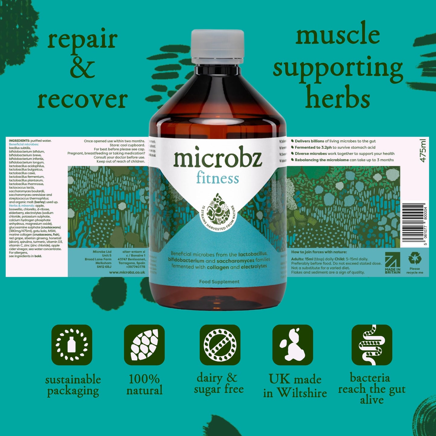 MICROBZ Fitness Liquid PROBIOTIC – Bio Culture Complex Probiotics for Gut Health, Muscle Recovery & Workout Supplement, Multi Strain Live Friendly Bacteria for Adults | 1 Month Supply