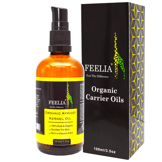 Feelia -Organic Apricot Kernel Oil - Cold Pressed, 100% Pure & Natural, Nourishes the Skin, Rich in Vitamin A & E, Anti-ageing, Helps Clogged Pores Rejuvenate, For Sensitive, Dry and Mature skin type