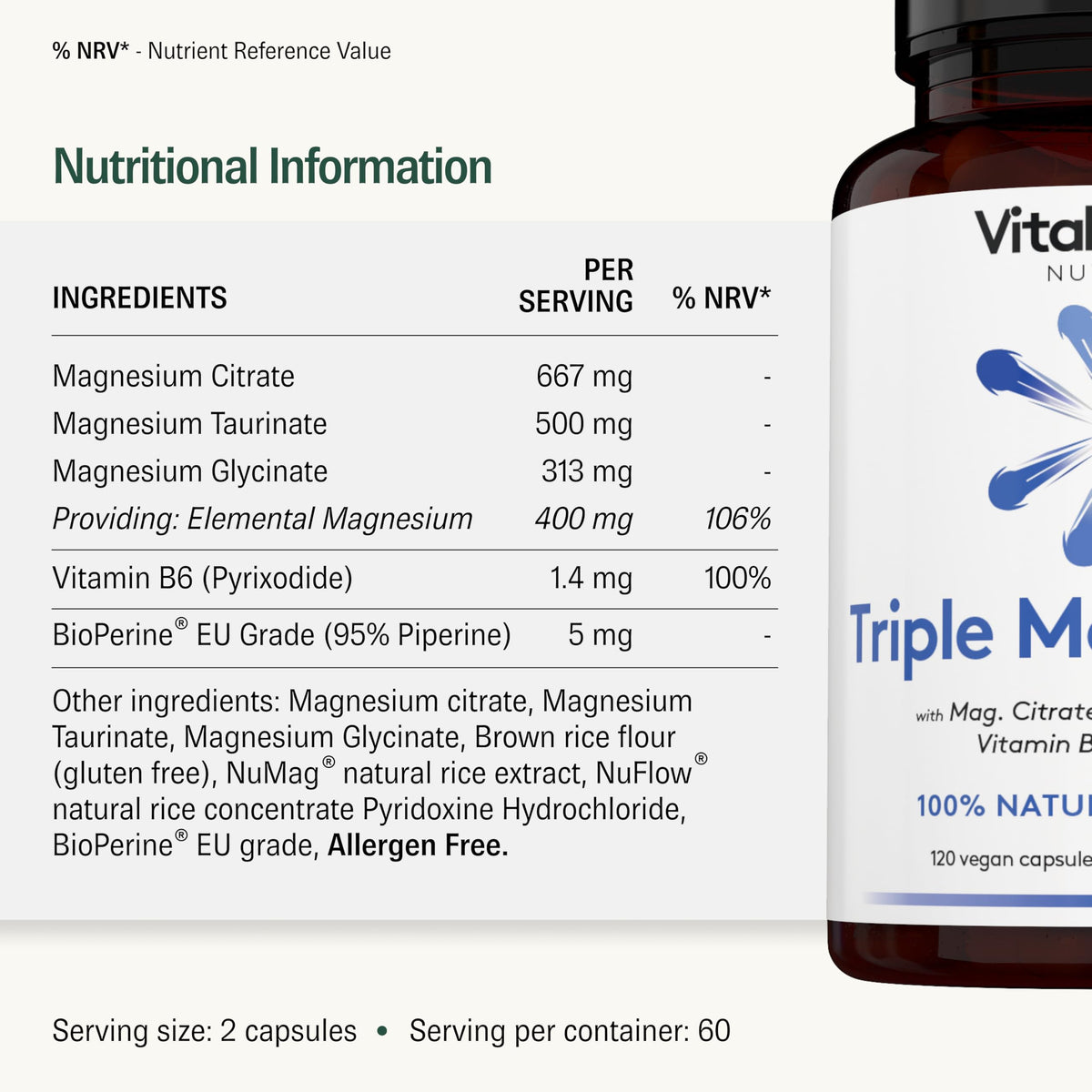 Vital Haven Magnesium Supplement - Citrate + Glycinate + Taurate with Vitamin B6 and BioPerine - 2 Capsules - UK Made