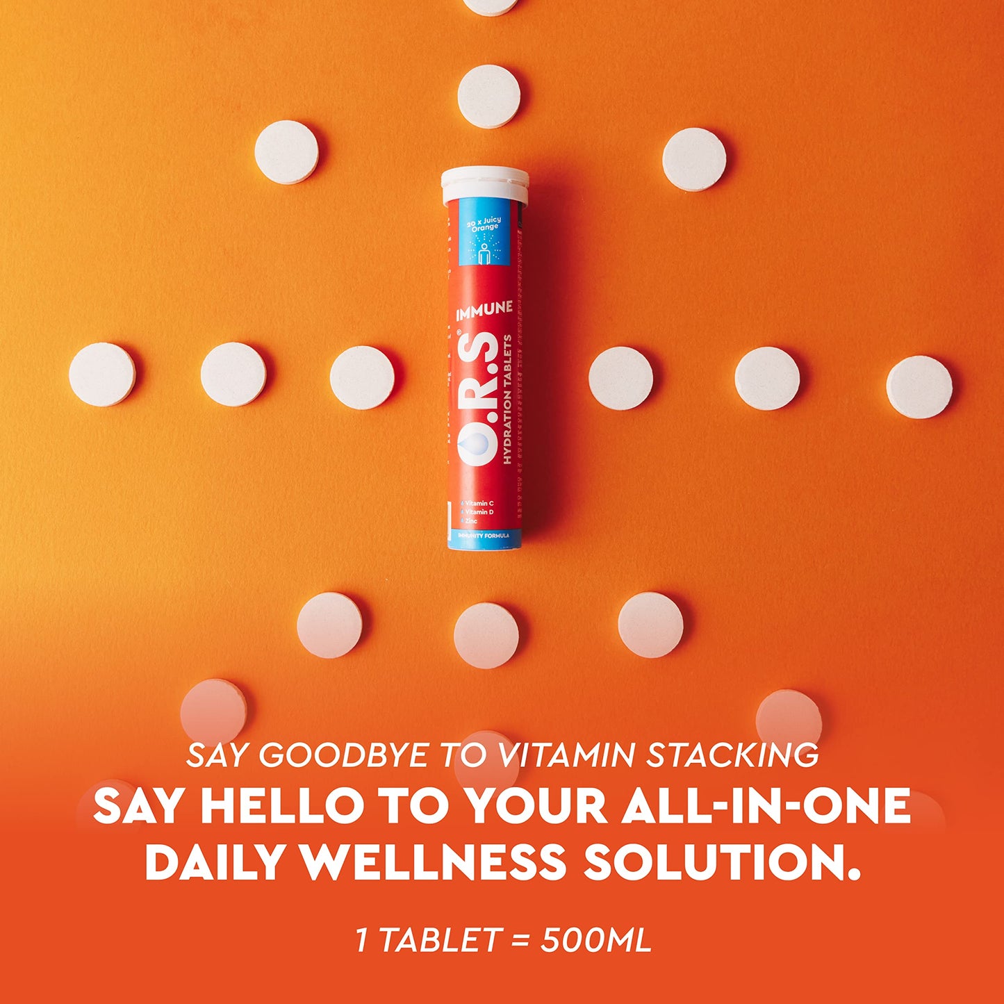 O.R.S Immune Vitamin C Hydration Tablets with Electrolytes, Immune System Booster with Vites & Minerals, Vegan, Gluten & Lactose Free – Soluble Sports Oral Rehydration, Natural Orange Flavour, 20 Tabs