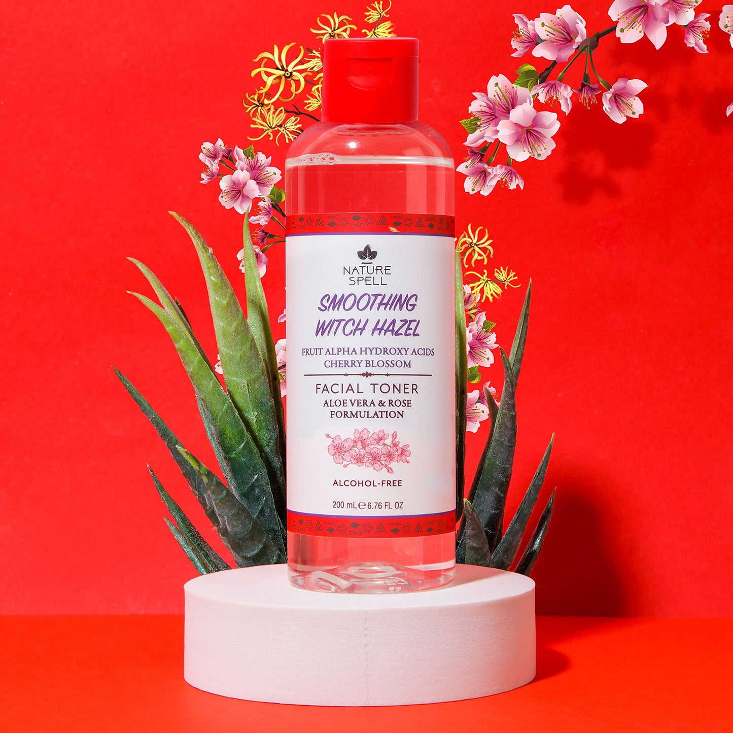 Nature Spell Witch Hazel Facial Toner With Fruit Alpha Hydroxy Acids, Cherry Blossom, Aloe Vera & Rose Water 200 Ml - Smoothing Facial Toner With Natural Aha'S - Alcohol Free Formulation