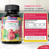 D Mannose 120 Capsules, 1000 mg per Dose, Promotes Urinary Tract Health, Natural Vegan UTI Defence by NUVIMI®