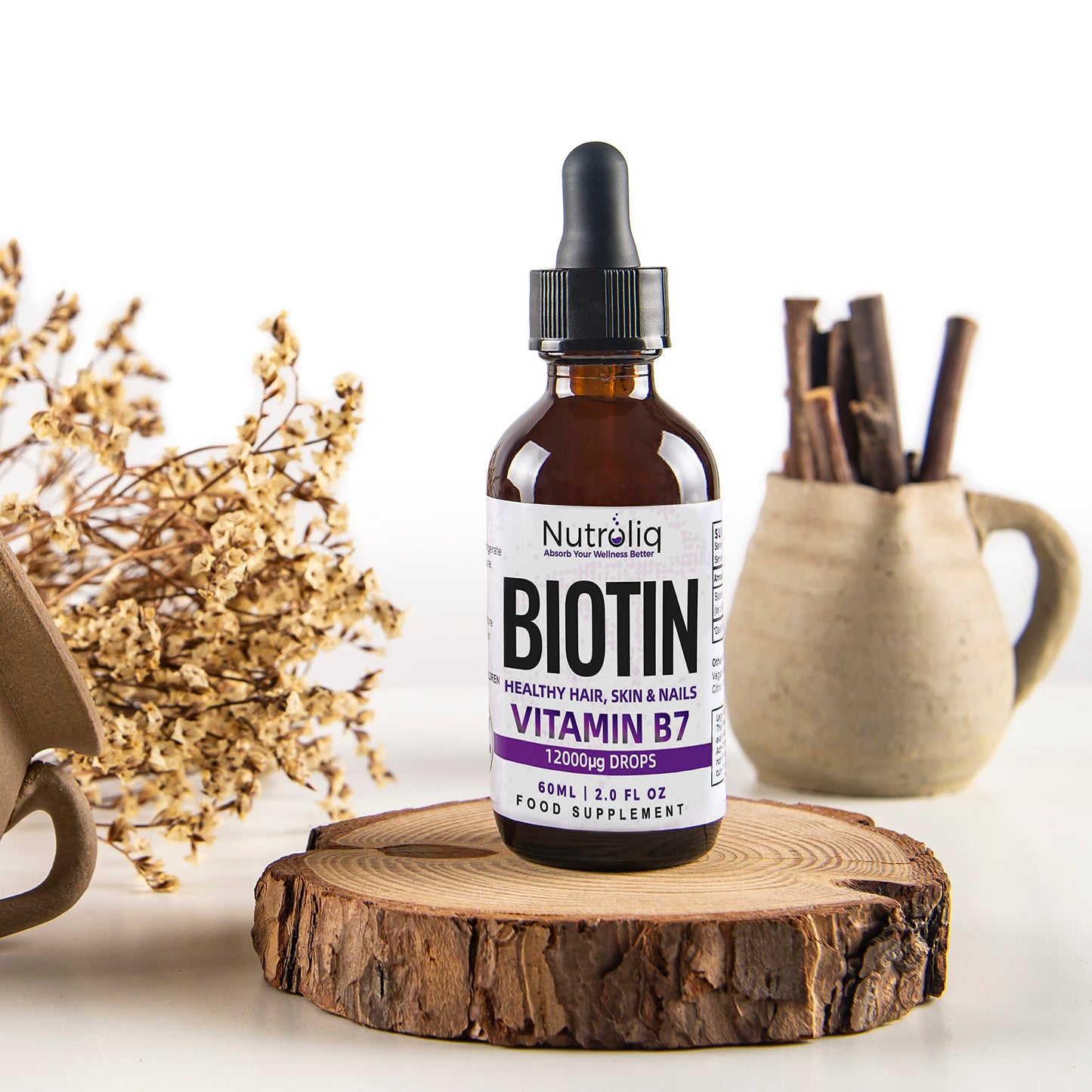 Nutroliq Absorb Your Wellness Better Nutroliq Biotin Liquid Drops - Vegan Vitamin B7 Dietary Supplement for Hair, Nail & Skin Health - Pure 12000mcg Biotin Drops for Hair Growth - Extra Strength Berry-Flavoured Vitamin H Serum - 60 ml