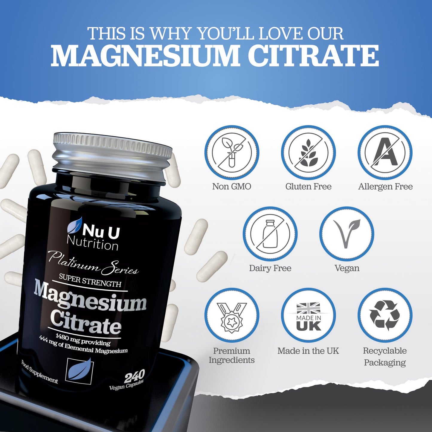 Magnesium Citrate 1480mg - 240 Vegan Capsules - 4 Month Supply - Providing 444mg Elemental Magnesium - Magnesium Capsules not Magnesium Tablets - High Strength Magnesium Supplement