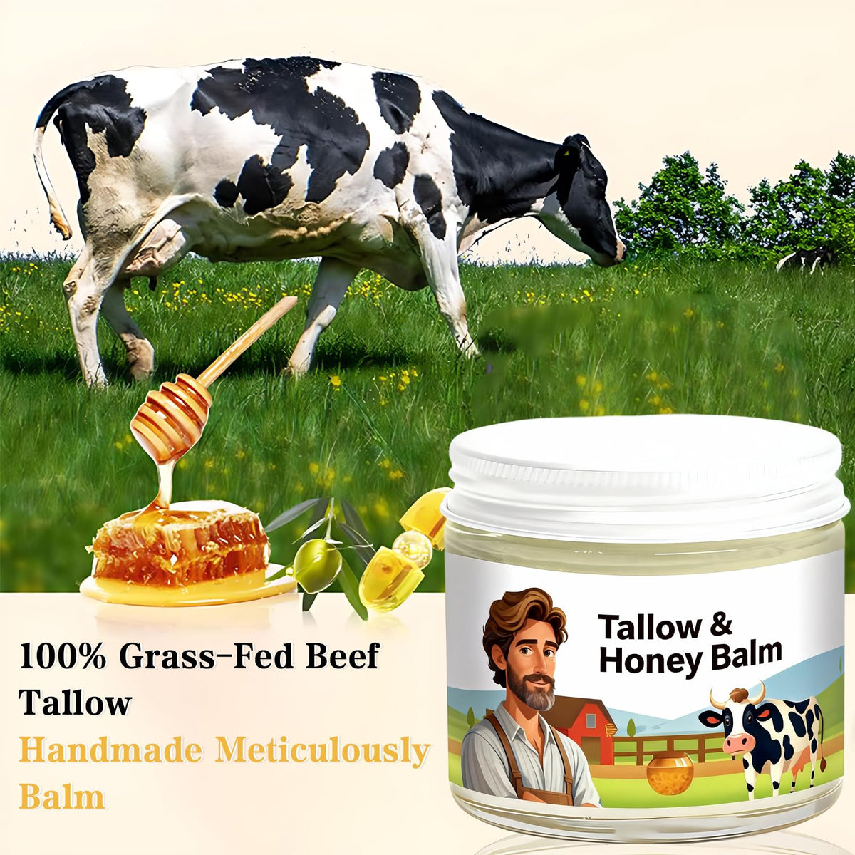 Kenmohuo 2PC Tallow and Honey Balm, Beef Tallow Skin Care Face Cream, Facial Balms Skincare, Handmade Natural Body Moisturizer for Smooth, Hydrated Skin (60g*2)