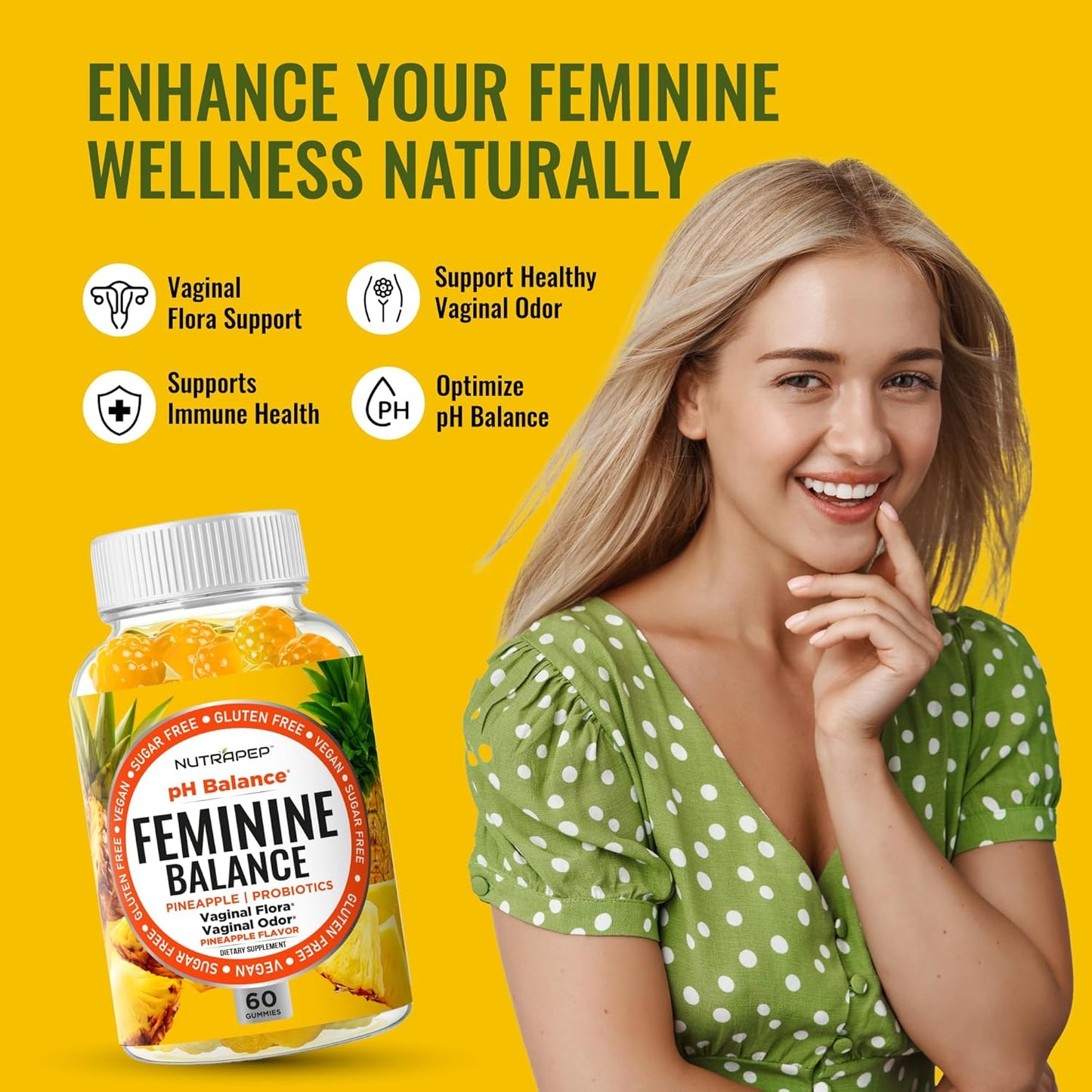 Feminine Balance Probiotics Gummies for Women - Vaginal Health & Women's pH Balance Natural Gummy Supplement with Cranberry Pineapple Powder - Sugar Free Gluten Free Vegan