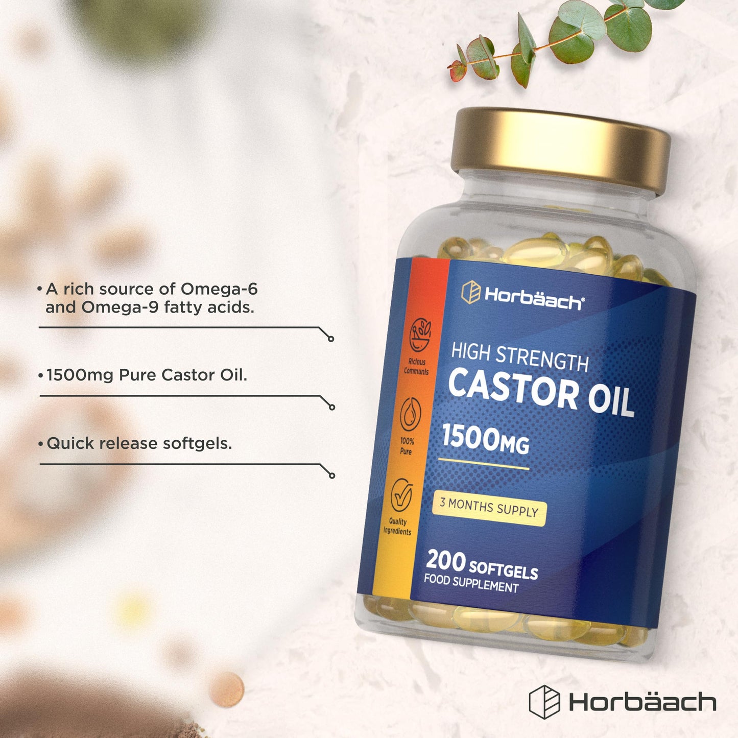 Horbäach Castor Oil Capsules 1500mg | 200 Softgel Capsules | Digestive Health | Rich in Omega 6 & 9 | Pure Castor Oil Supplement | By Horbaach