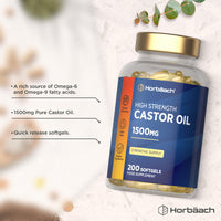 Horbäach Castor Oil Capsules 1500mg | 200 Softgel Capsules | Digestive Health | Rich in Omega 6 & 9 | Pure Castor Oil Supplement | By Horbaach