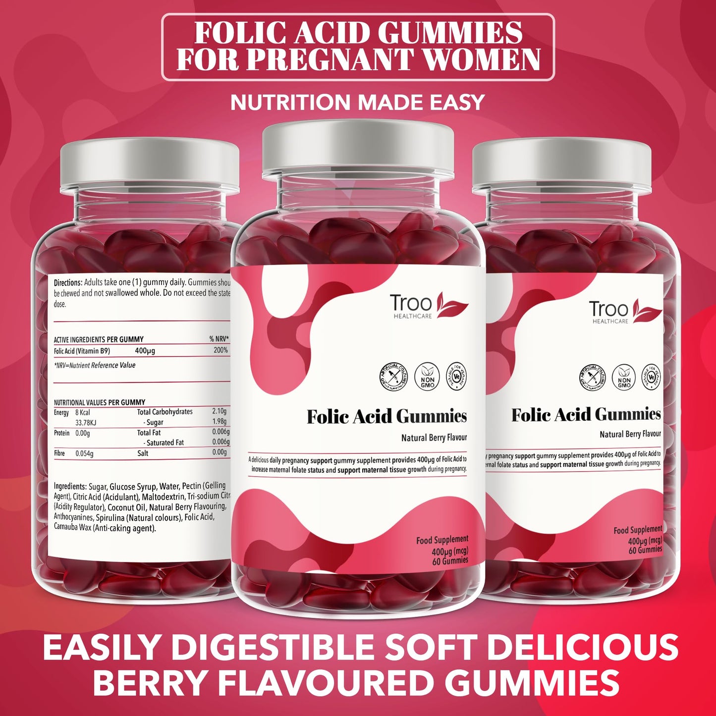 Troo Health Care Folic Acid 400μg Gummy Prenatal Supplement - 60 Natural Berry Flavour Gummies to Support Health Pregnancy & Foetus Development - No Common Allergens or GMO