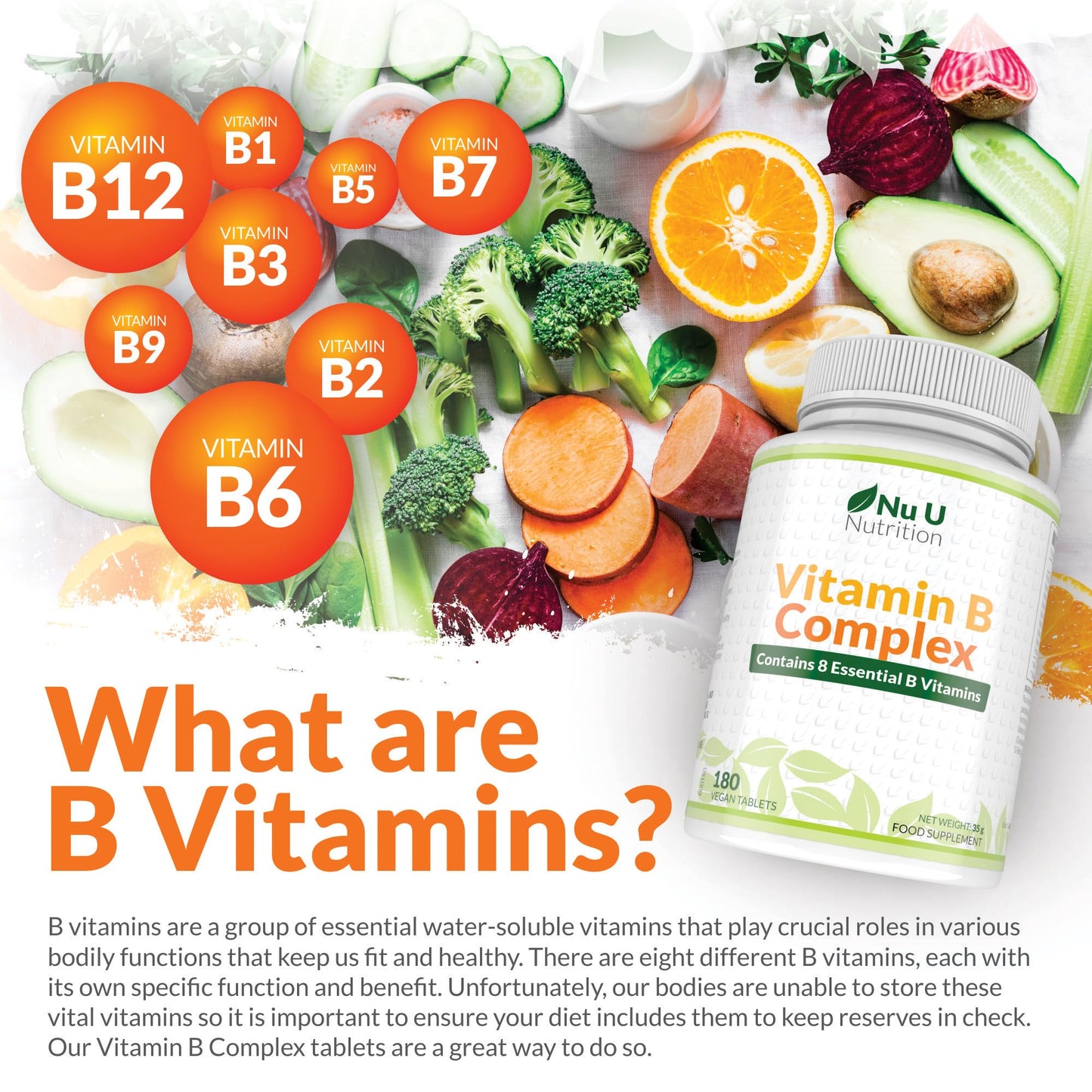 Vitamin B Complex High Strength - 180 Vegan Tablets - 6 Month Supply - Contains all 8 B Vitamins in 1 Tablet - Vitamins B1, B2, B3, B5, B6, B12, Biotin & Folic Acid - Nu U Nutrition