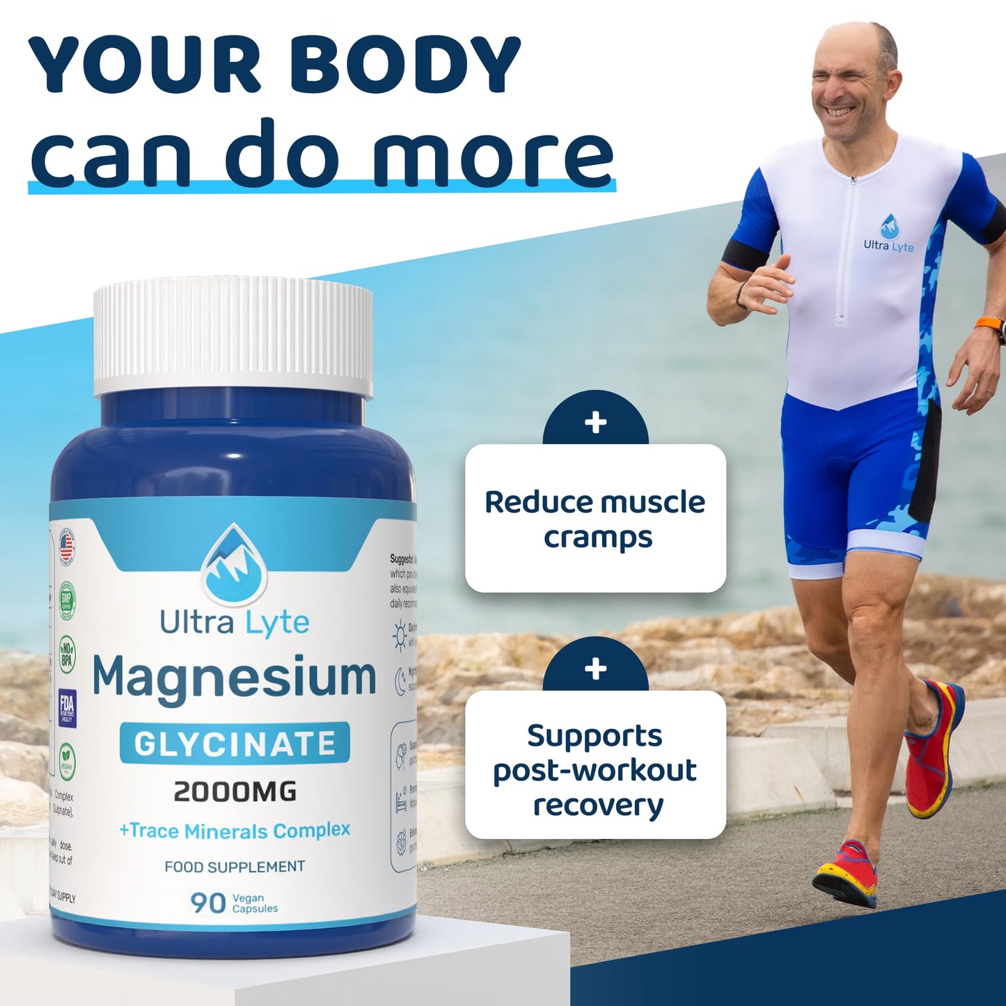 Ultra Lyte Magnesium Glycinate with Trace Minerals – High Absorption Magnesium Supplements for Sleep Aid, Stress Relief & Muscle Support – Vegan & Gluten-Free – 2000mg Magnesium – 90 Count