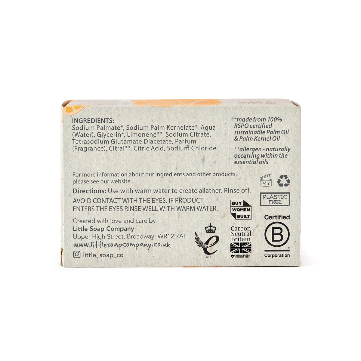 Little Soap Company Natural Range - Sweet Orange Bar Soap, 100g | Vegan, Cruelty Free, Eco Friendly Hand, Face & Body Soap Bar | Antibacterial Natural Soap with Essential Oils, No SLS or Parabens
