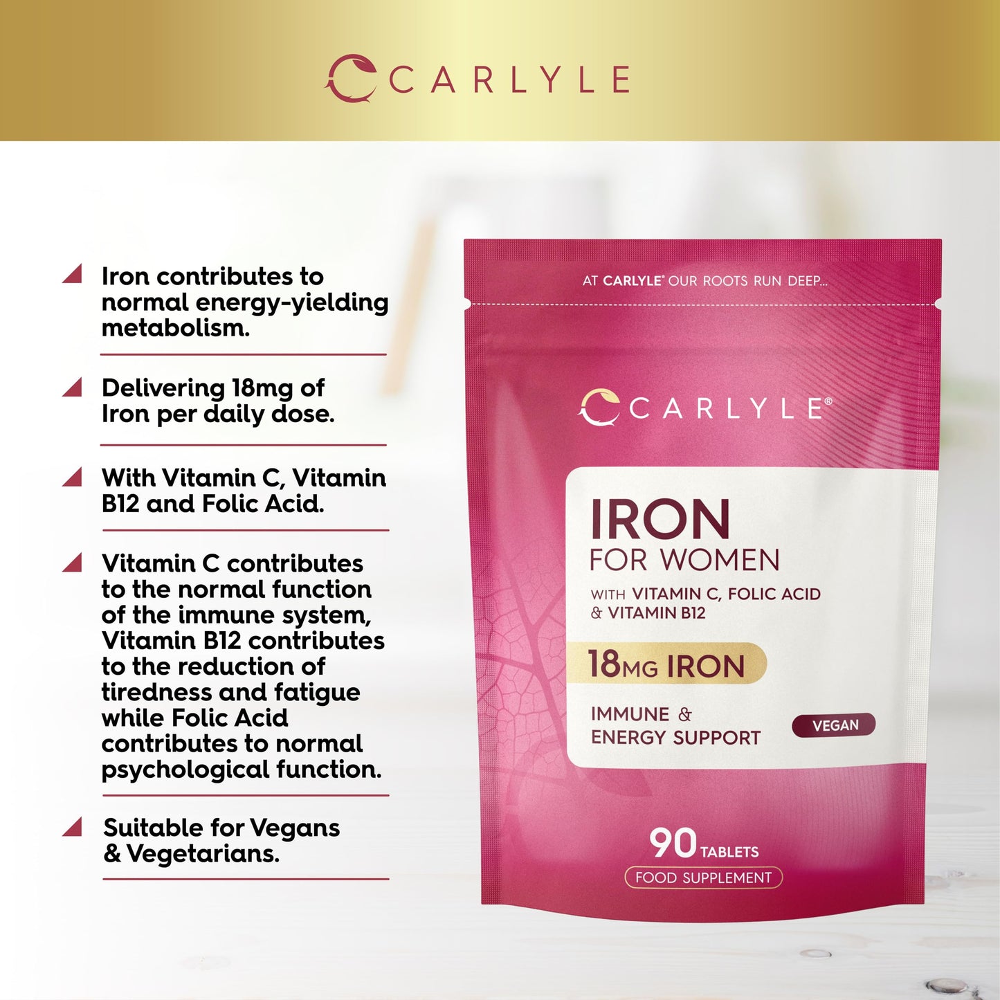 Iron Tablets 18mg | High Strength for Women | with Vitamin B12, Vitamin C and Folic Acid | 100% NRV Iron Complex | 90 Vegan Tablets | by Carlyle