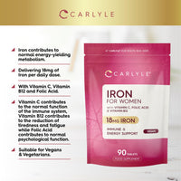 Iron Tablets 18mg | High Strength for Women | with Vitamin B12, Vitamin C and Folic Acid | 100% NRV Iron Complex | 90 Vegan Tablets | by Carlyle