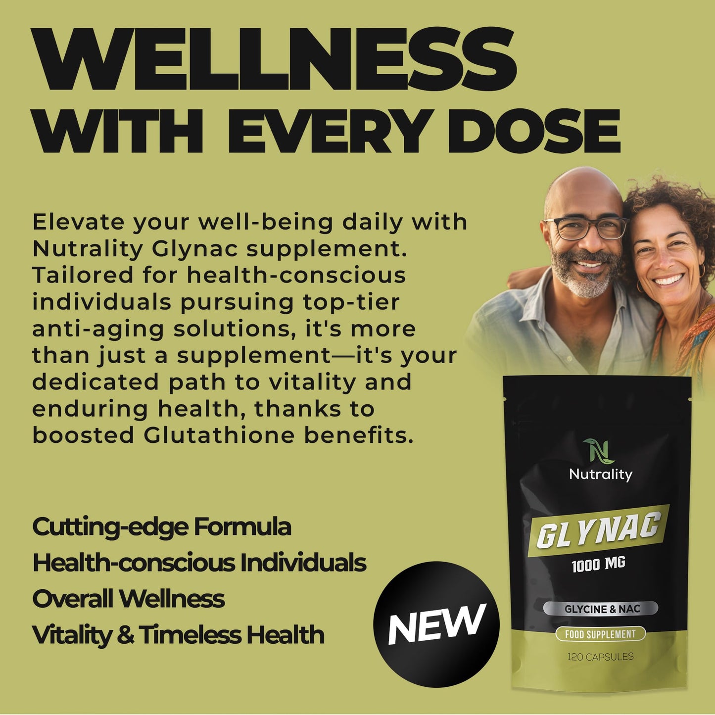 Nutrality Glynac Supplement 120 Capsules 1000mg | Vegetarian Friendly Anti-Aging Glutathione Formula with Glycine and NAC, for Enhanced Health, Wellness | Promotes Youthful Aging, Vitality