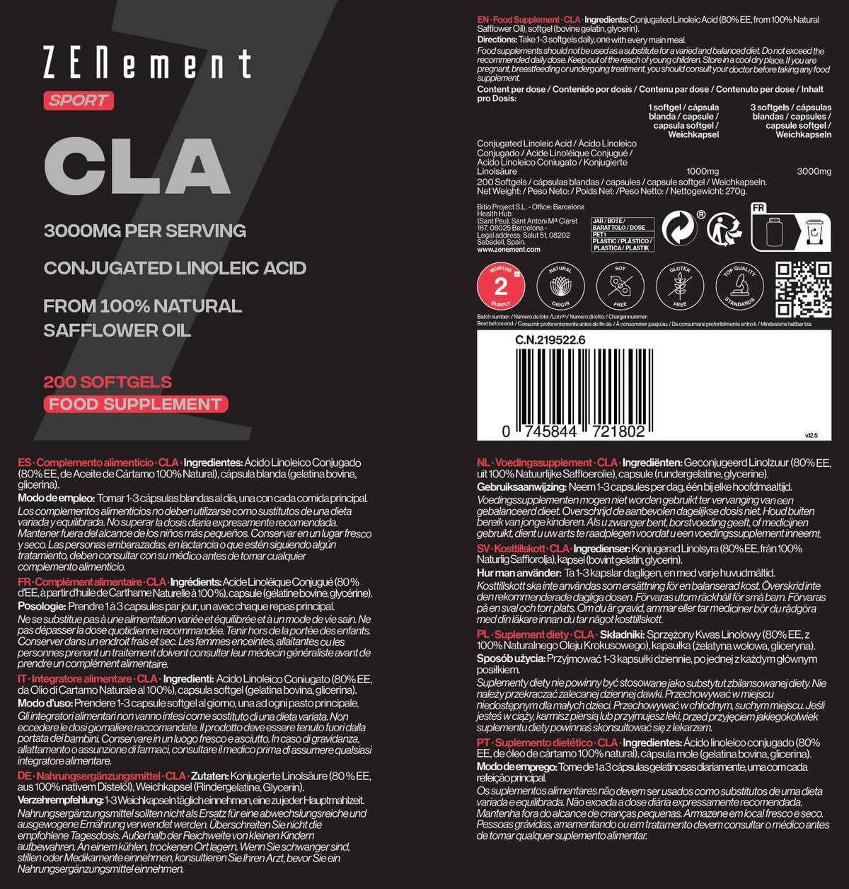 CLA Conjugated Linoleic Acid 3000 mg per Dose – 200 Easy‑Absorb Softgel Capsules from Safflower Oil 80 % (2‑Month Supply) – Sports Supplement – High Concentration – Zenement