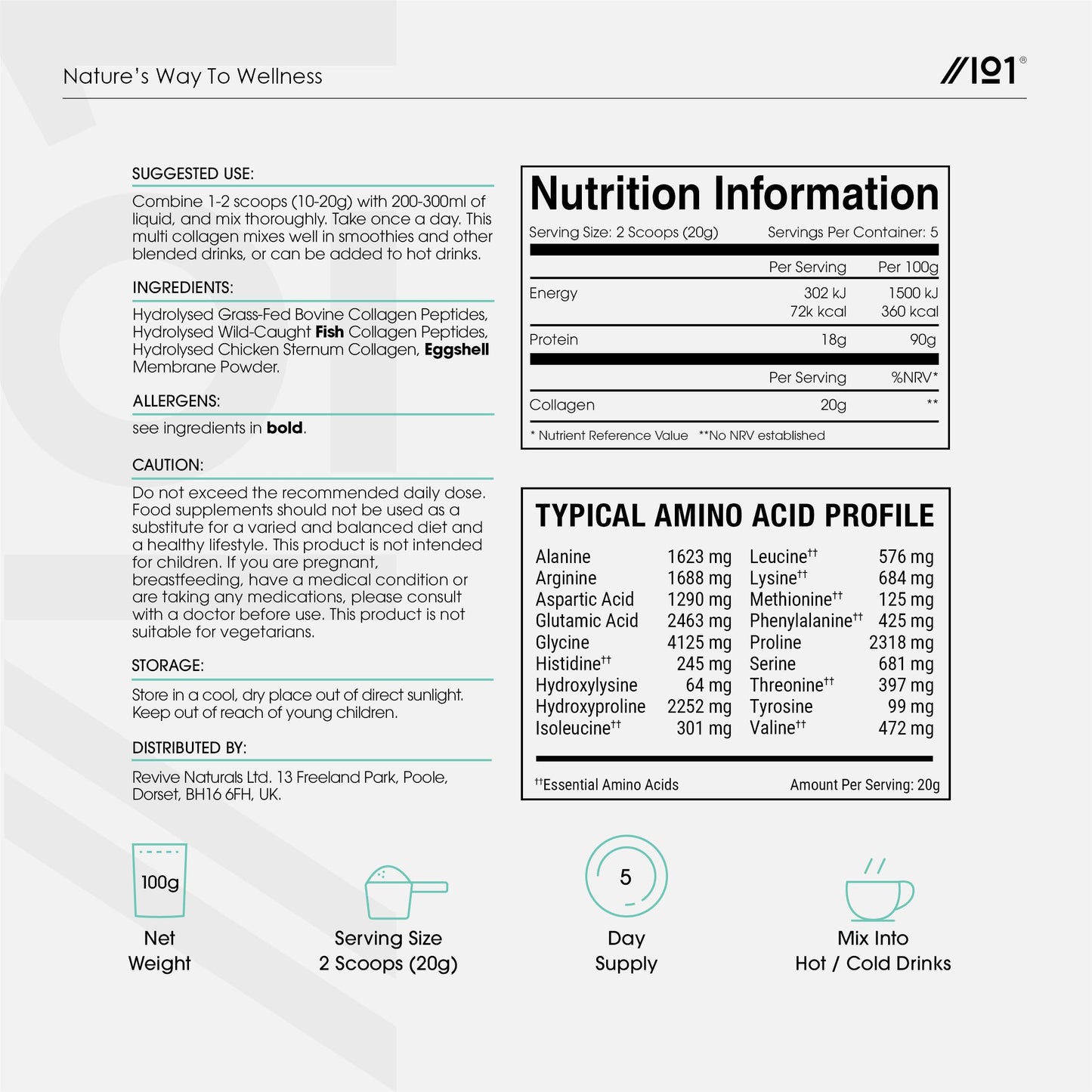 ALPHA01 Multi Collagen Protein Powder 100g - 5 Types of Food Sourced Collagen Peptides - Hydrolysed Grass Fed Bovine, Wild Caught Marine & Free-Range Chicken, Supports Joints, Skin and Nails