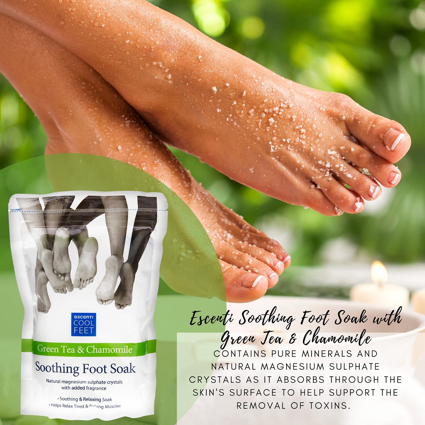 Escenti Cool Feet Soothing Foot Soak with Green Tea & Chamomile and Escenti Softening Foot Lotion 150ml | Foot Softener Set for Dry Skin | Helps Relax Tired Muscles