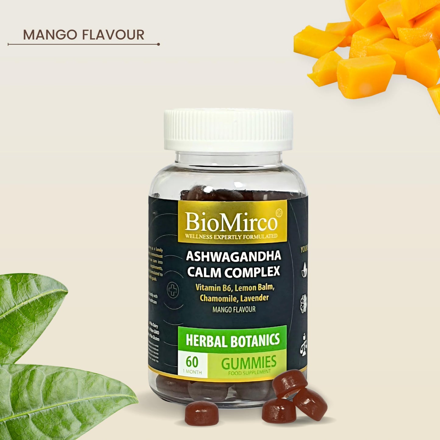 Ashwagandha Calm Complex, 60 Gummies – 1 Month Supply, Mango Flavour and Great Tasting, Natural Harmony Gummies for Stress Relief, Emotional Balance and Mood Support, Vegan & Gluten-Free