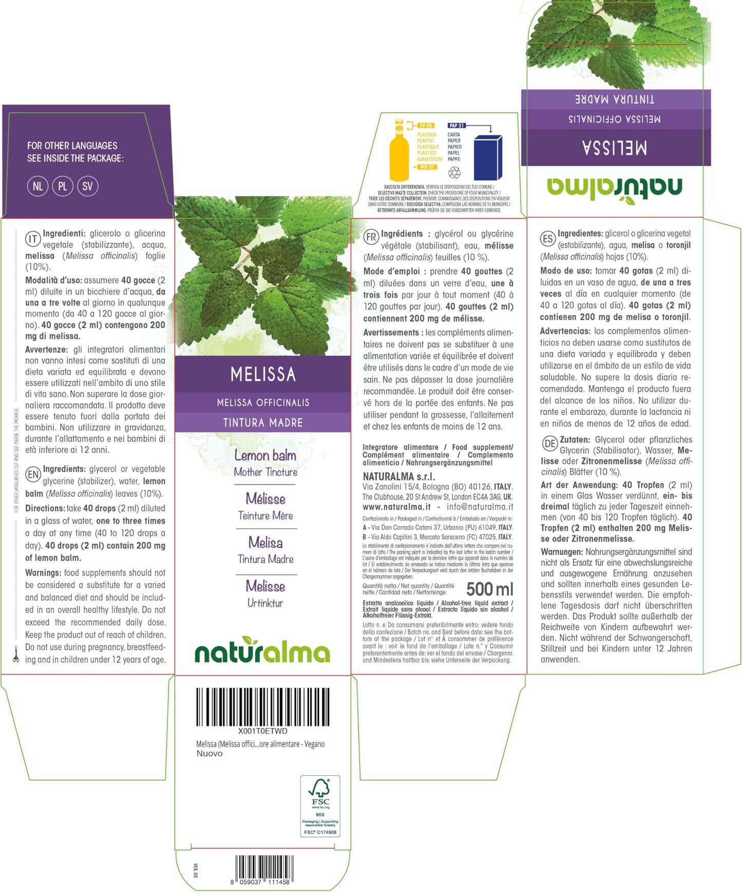 Lemon Balm (Melissa officinalis) Leaves Alcohol-Free Mother Tincture Naturalma - Liquid Extract Drops 500 ml - Food Supplement - Vegan