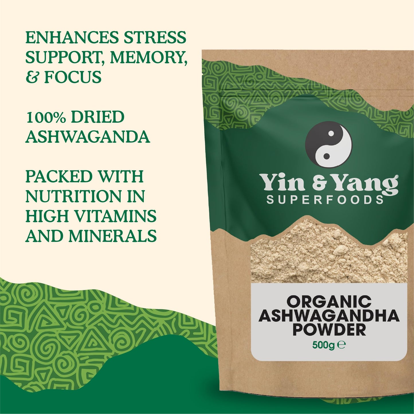 Organic Ashwagandha Powder 500g, by Yin & Yang Superfoods. 100% Pure and Raw - Premium Quality. Vegan, Gluten Free & Palm Oil Free.
