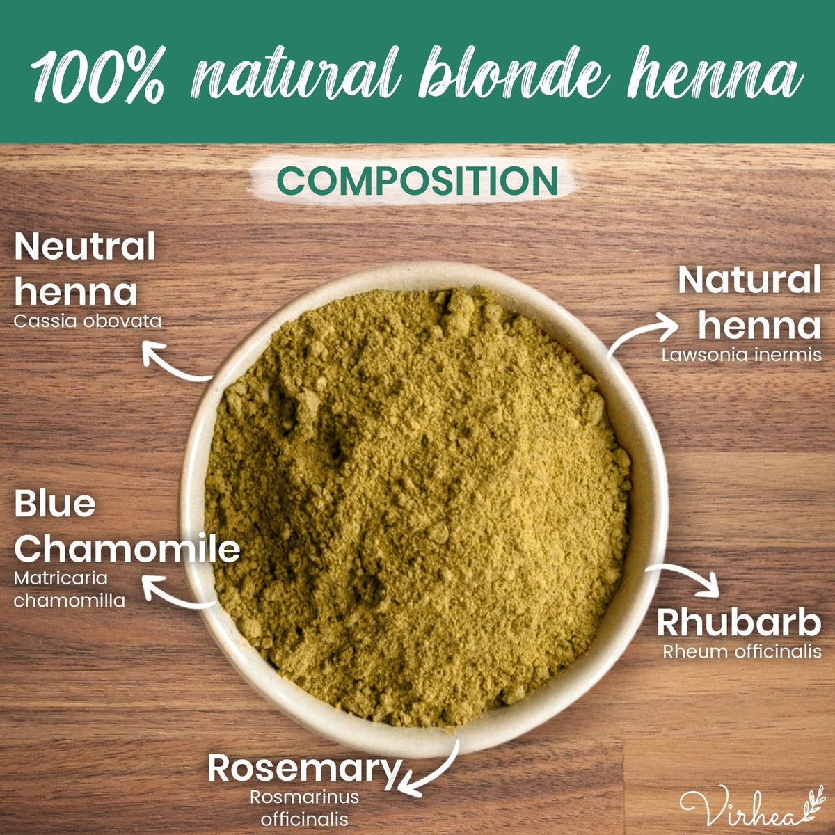 virhea VIRHEA® Blonde Henna Powder 100g - Organic Plant-Based Hair Dye for Natural Blond Colour - Chemical-Free Treatment for Grey Hair - Vegan Vegetable Hair Colour for Beautiful Blond Hair