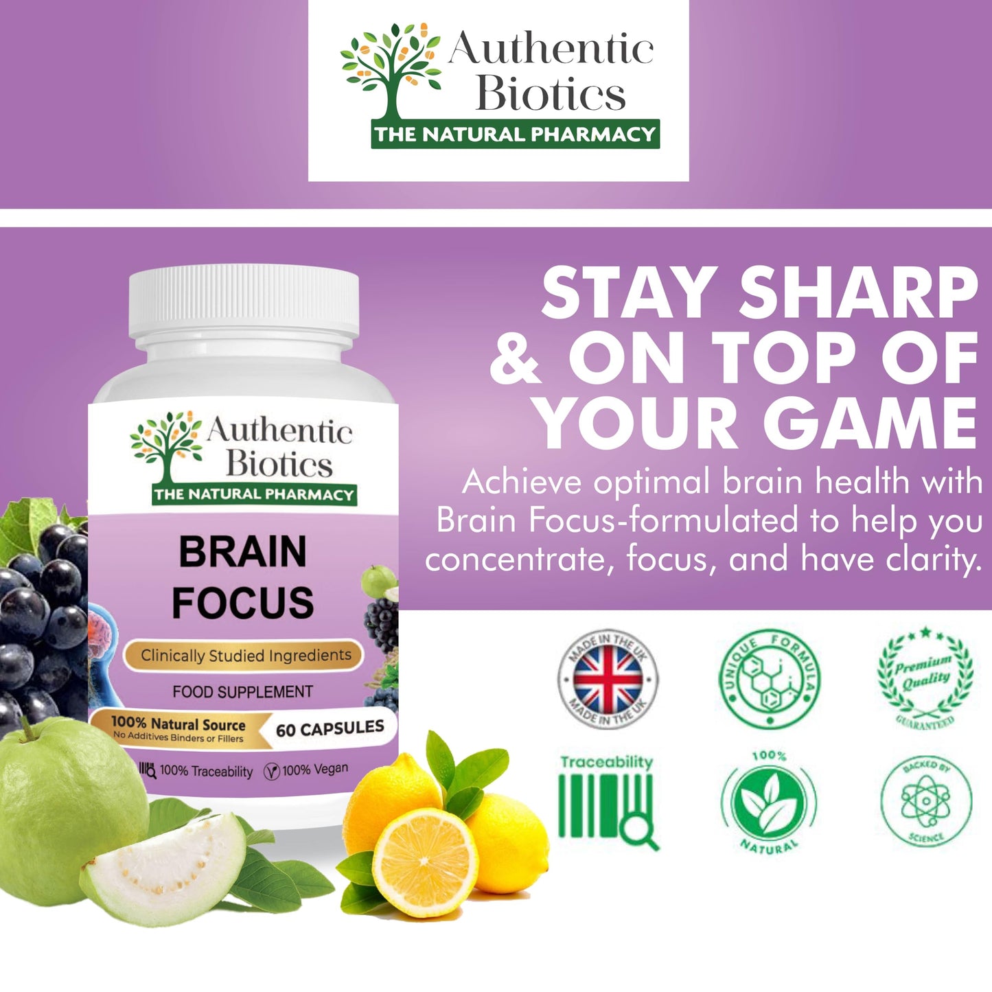 Authentic Biotics – 60 Ashwagandha Magnesium & B Complex Brain Nootropics Capsules, Multivitamins & Minerals, B Vitamins From 100% Plant Source, Natural Magnesium For Men & Women