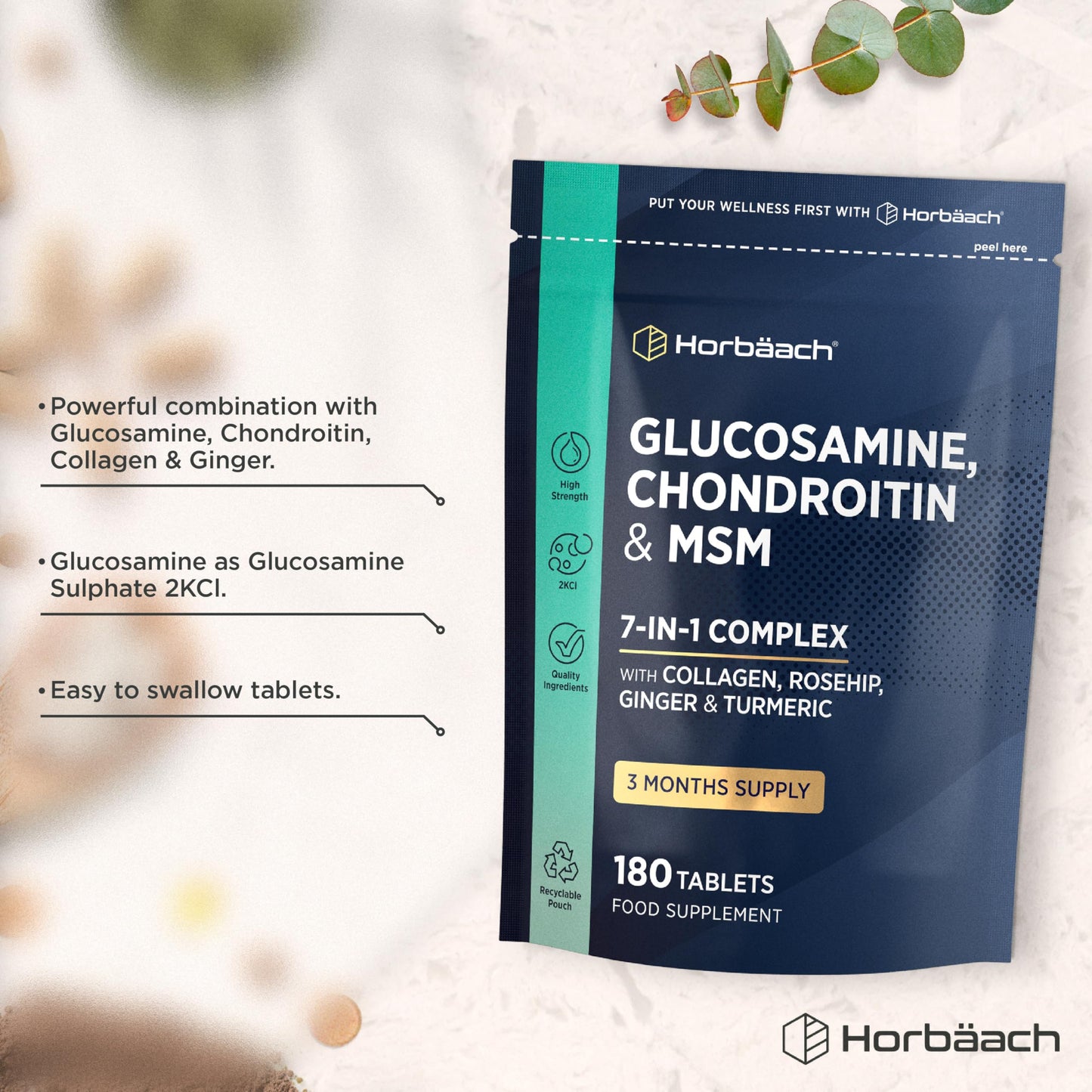 Horbäach Glucosamine and Chondroitin High Strength 7-in-1 | 180 Tablets | 1200mg Complex with Glucosamine Sulphate 2KCl, MSM, Collagen and Ginger Root | Supplement for Men and Women | By Horbaach