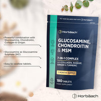 Horbäach Glucosamine and Chondroitin High Strength 7-in-1 | 180 Tablets | 1200mg Complex with Glucosamine Sulphate 2KCl, MSM, Collagen and Ginger Root | Supplement for Men and Women | By Horbaach