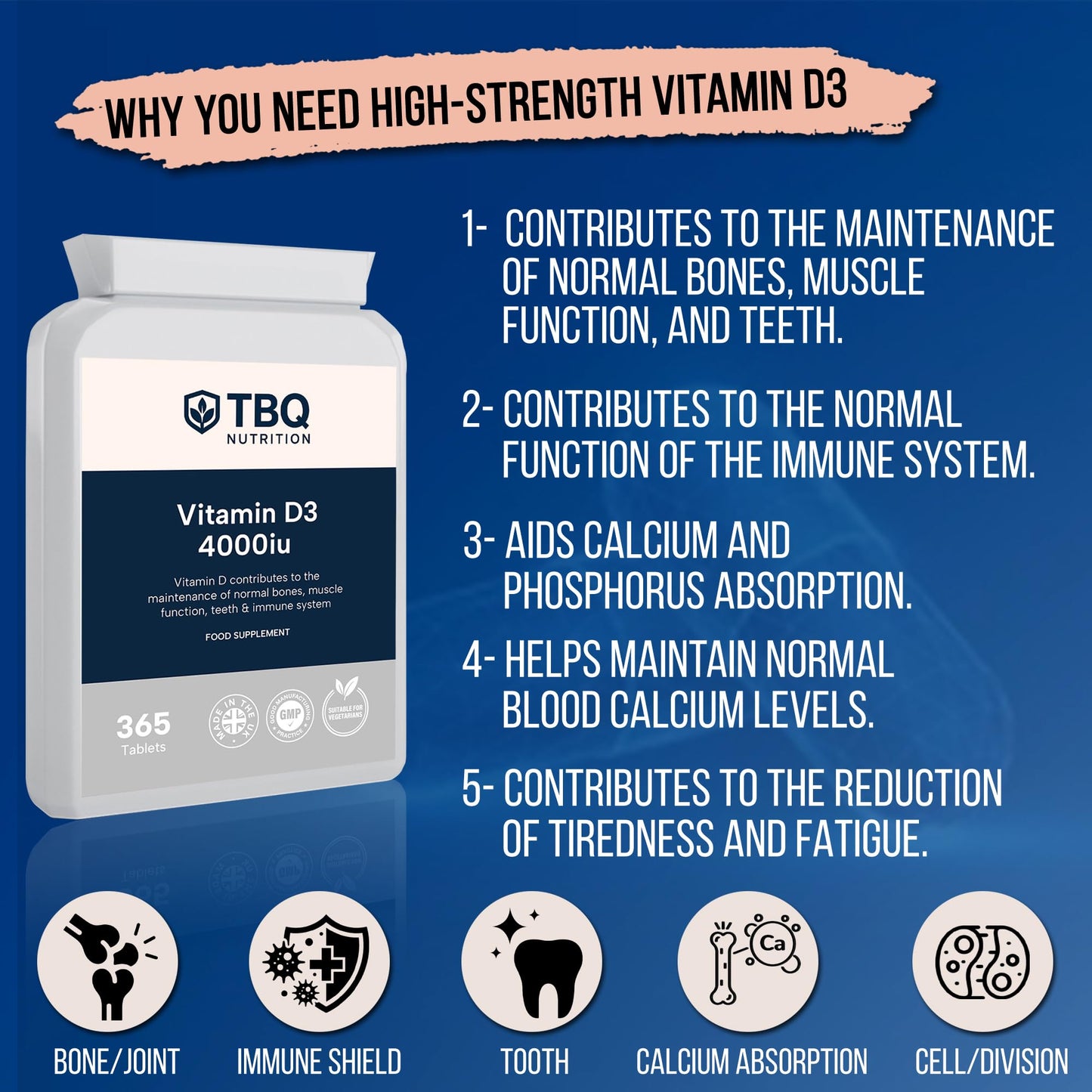 TBQ Nutrition Vitamin D3 4000IU – 365 Tablets | High Strength 100µg Cholecalciferol | Supports Bones, Muscles, Teeth & Immune Function | One Year Supply | UK Made | Vegetarian Supplement