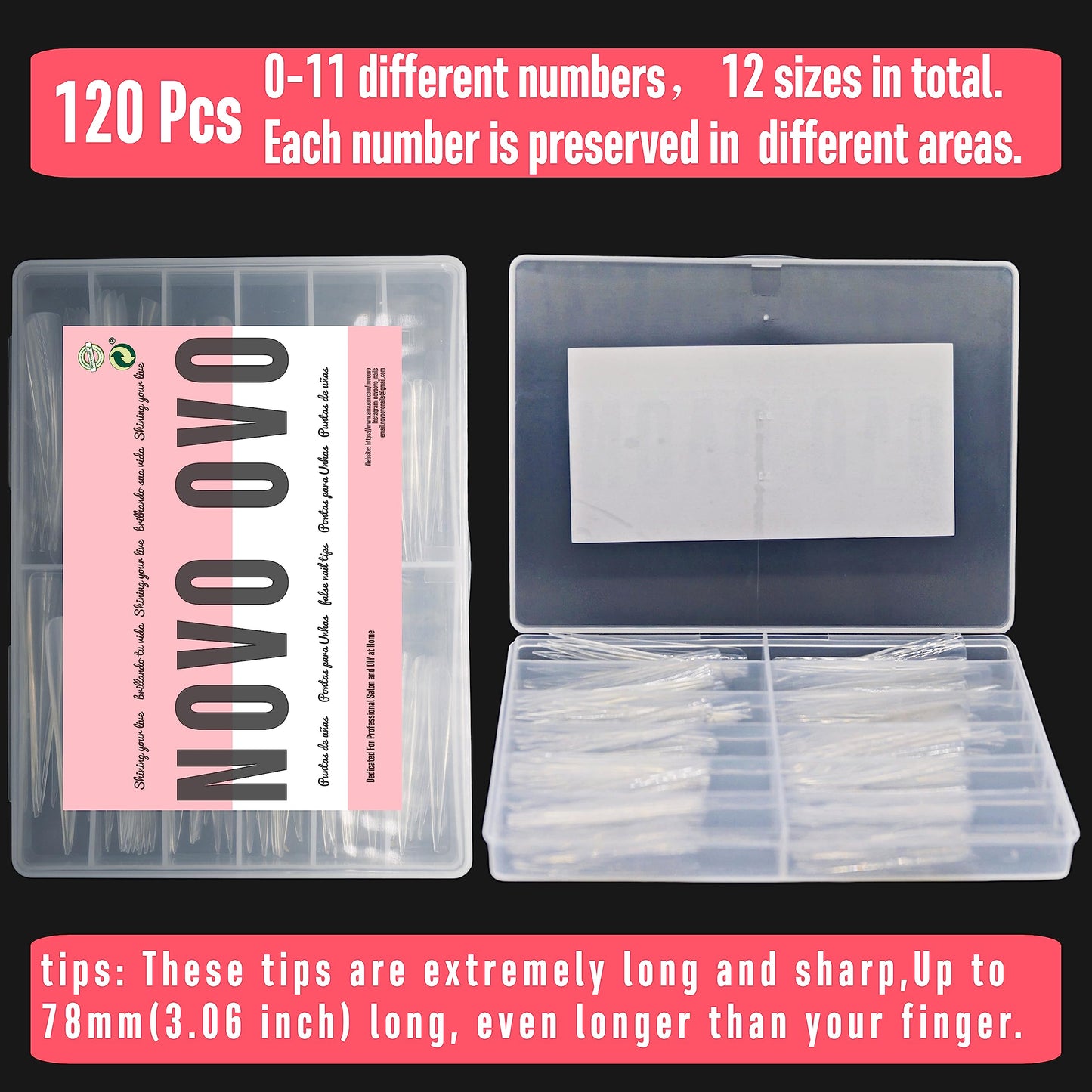 NOVO OVO Extra Super Extreme Long Stiletto Nail Tips, 5XL XXXXXL Clear Full Cover French Tips False Fake Nail Extension, Sharp Fishbone Arrow Head Nails for Professional Acrylic 120 pcs 12 Sizes
