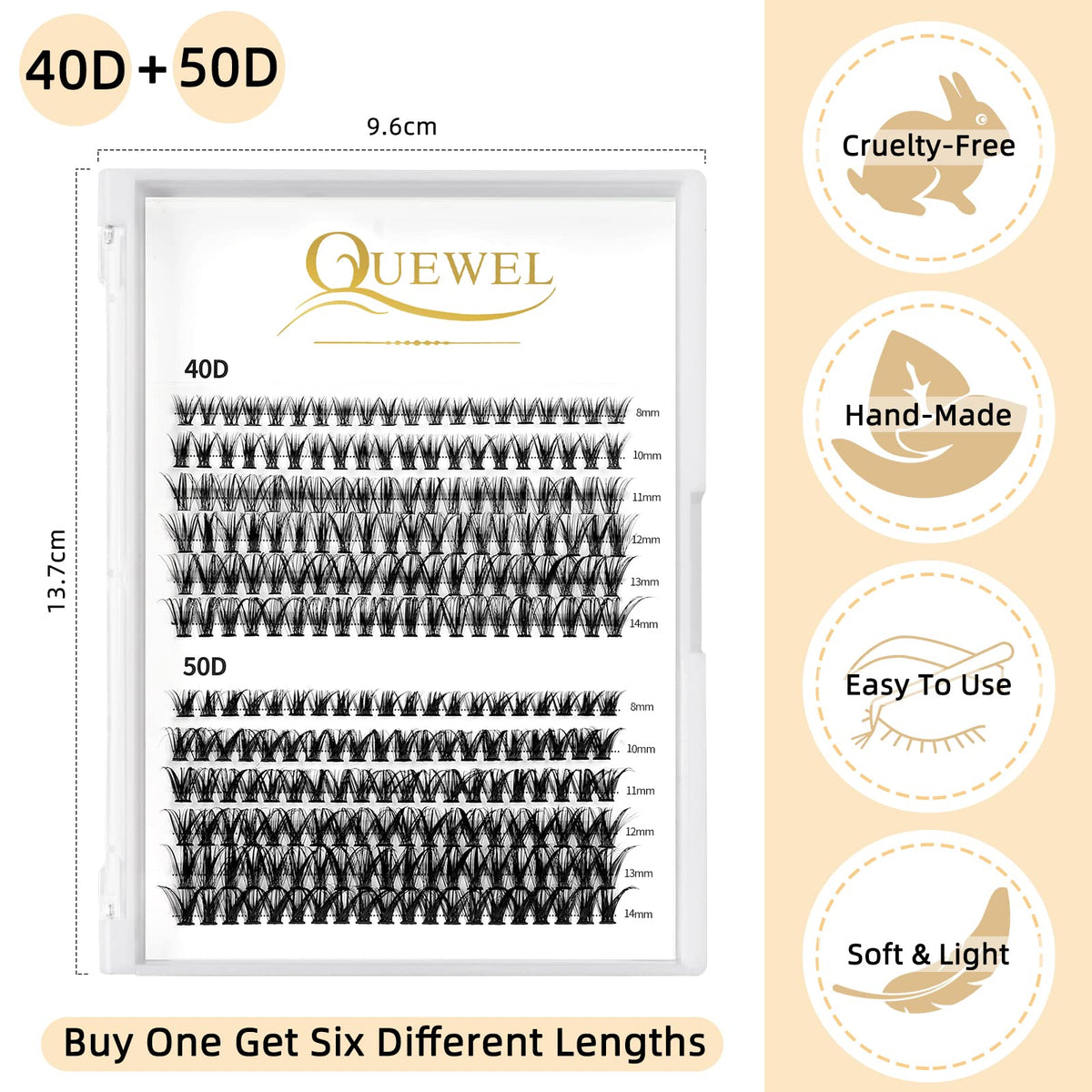 240Pcs Individual Lashes QUEWEL Cluster Lashes Individual Lash Extension 40D+50D C Curl Lashes Cluster DIY Look Like Eyelash Extensions Mix8-14mm at Home(40D+50D 0.07C MIX8-14mm)