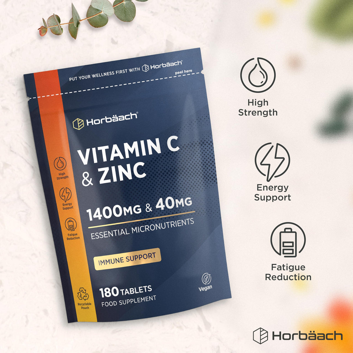 Horbäach Vitamin C 1400mg and Zinc 40mg Tablets | 180 Count | High Strength Complex with Vitamin C as Ascorbic Acid | Immune Support | Suitable for Vegans | by Horbaach