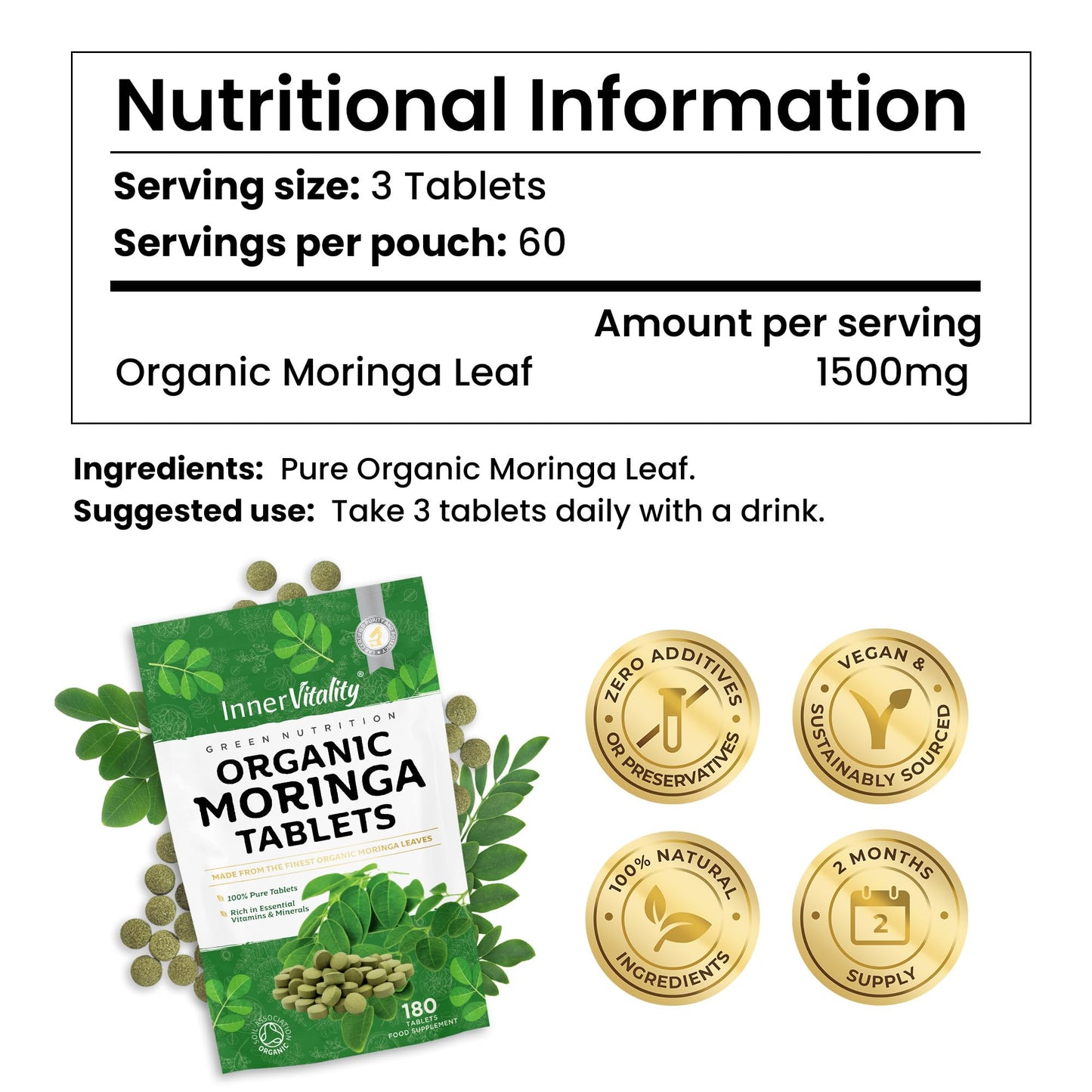 Inner Vitality Pure Organic Moringa Tablets 180/2-Month Supply, Zero Additives