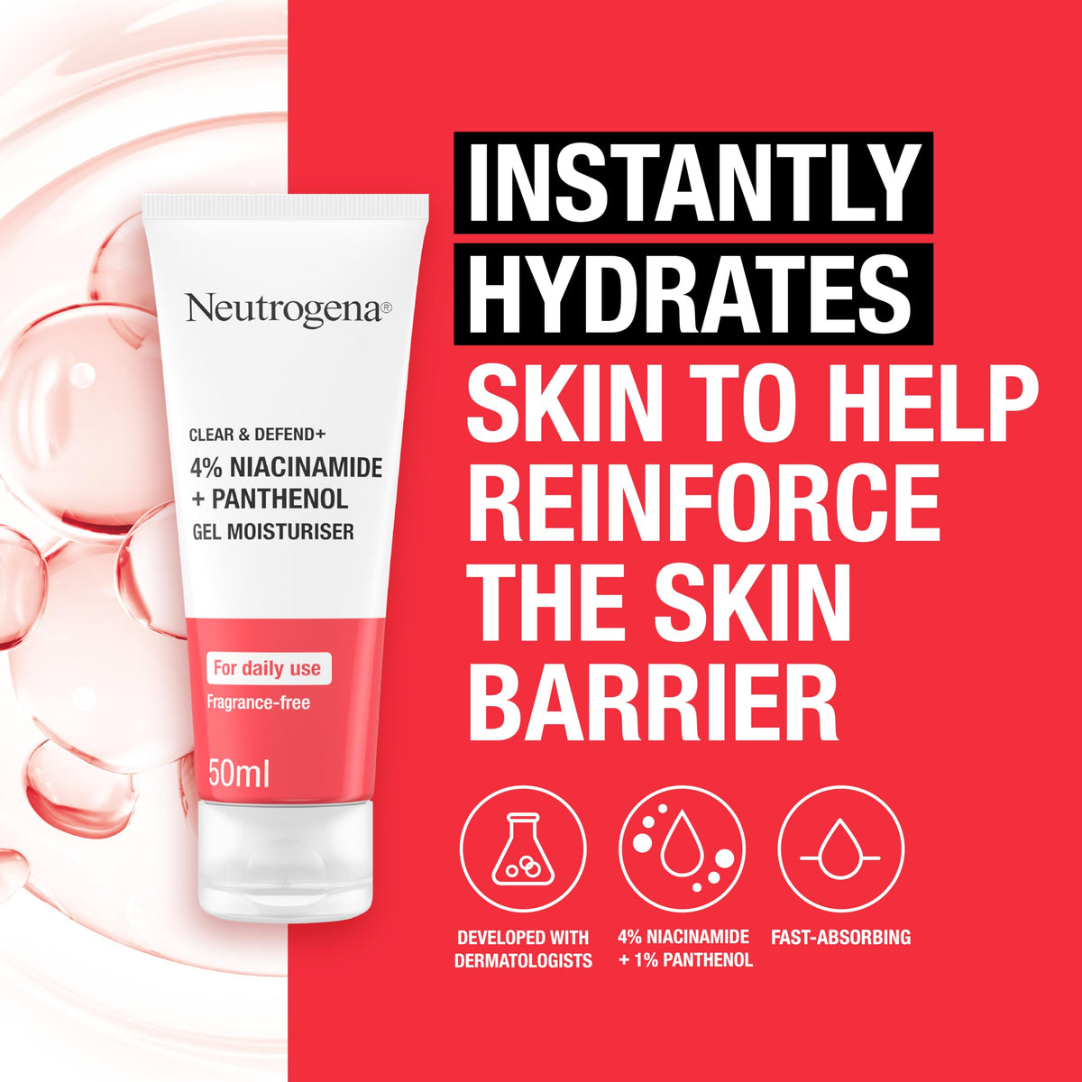 Neutrogena Clear & Defend+ Gel Moisturiser (1 x 50ml), Fast-Absorbing Face Moisturiser with 4% Niacinamide and 1% Panthenol, Fragrance-Free, Hydrating Gel, Suitable for Daily Use and Spot-Prone Skin
