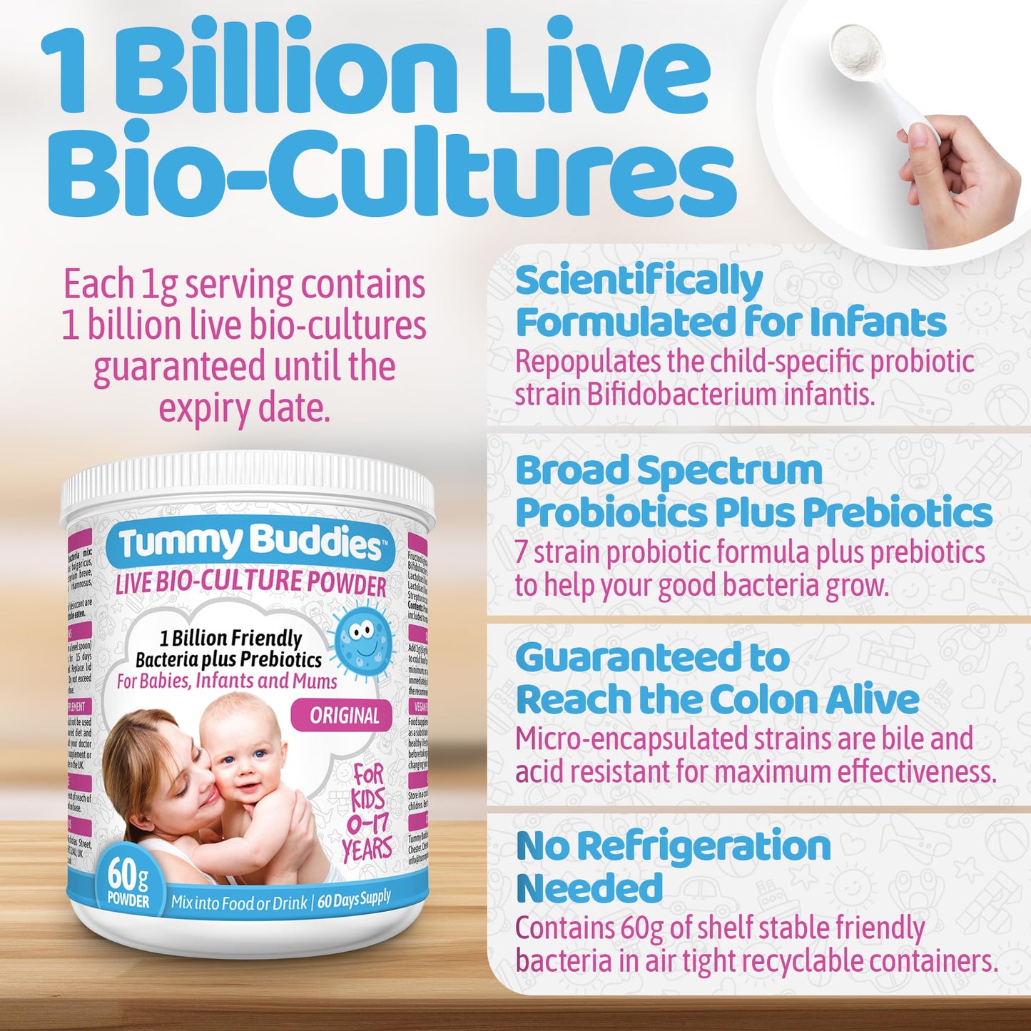 Tummy Buddies Probiotic Powder for Babies, Children and Mums - 7 Strain Pro Bio Culture Complex with Prebiotics (FOS) – Gut Friendly Bacteria for Infants and Kids 0-12 Years – 60g - 60 Days Supply