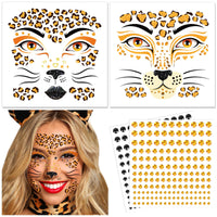 DPKOW Leopard Face Tattoos & Gems, Temporary Tattoos & Face Gems for Kids & Adults, Waterproof, Leopard Print