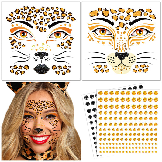 DPKOW Leopard Face Tattoos & Gems, Temporary Tattoos & Face Gems for Kids & Adults, Waterproof, Leopard Print