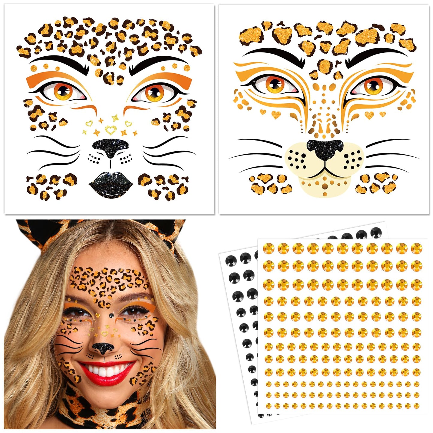DPKOW Leopard Face Tattoos & Gems, Temporary Tattoos & Face Gems for Kids & Adults, Waterproof, Leopard Print