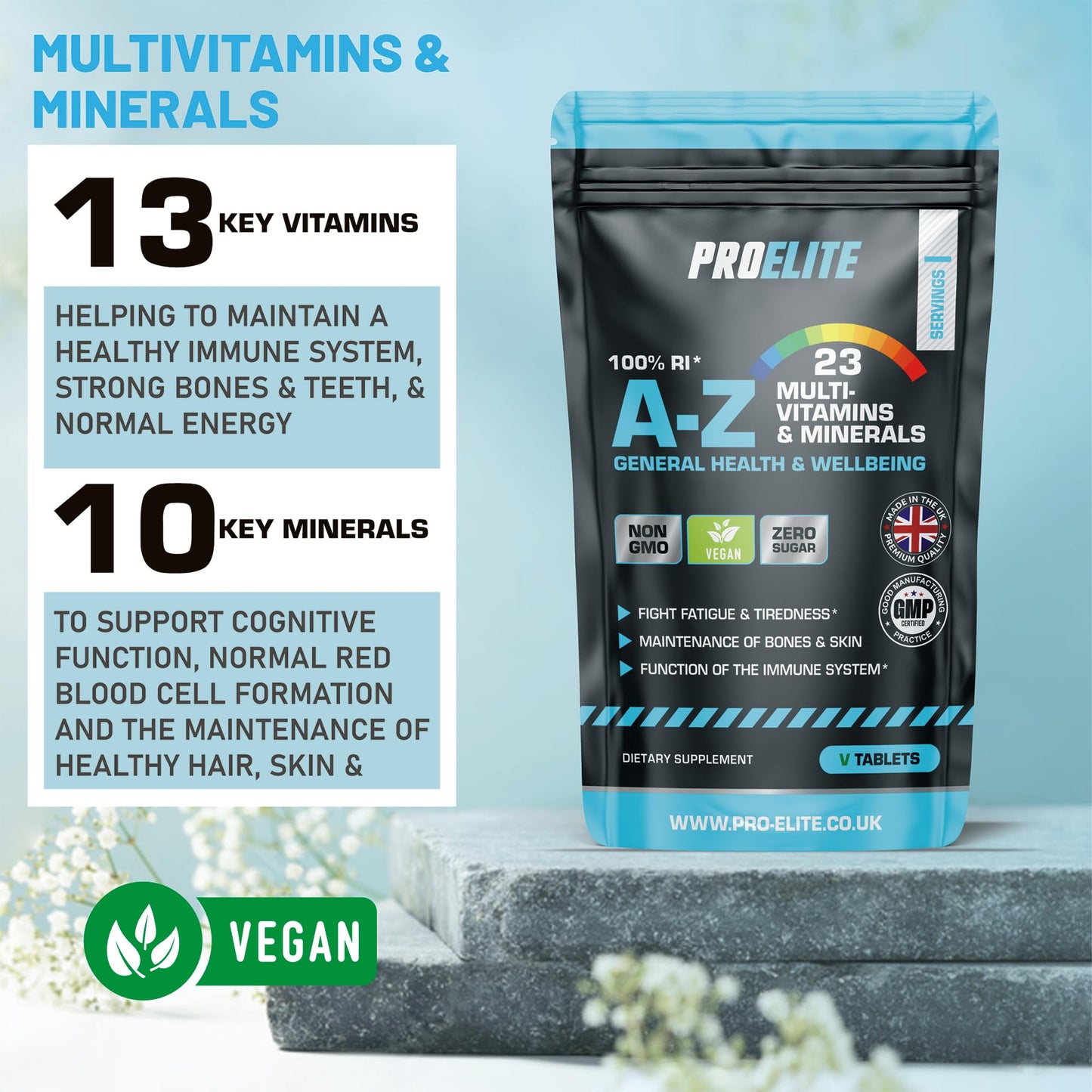 Multivitamins & Minerals - 120 Vegan Tablets - One a Day 100% RDA - 23 Essential Vitamins & Minerals in A-Z Multivitamin Tablet - Made in The UK by PROELITE