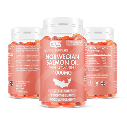 Norwegian Salmon Oil with Astaxanthin 1000mg - 4 Months / 120 Days Supply - Omega 3 6 9 Capsules High Strength - Rich in EPA, DHA & DPA, Burpless Taste