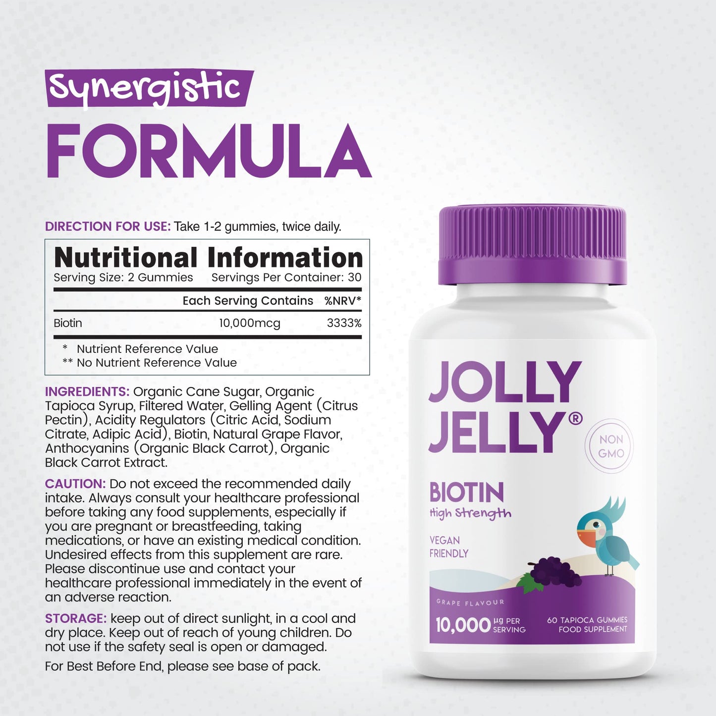 JOLLY JELLY Biotin Tapioca Fruity Gummies - 10,000mcg - Potent Formula for Hair Skin and Nails, Made with Organic Tapioca, Grape Flavour - Kosher, Halal, Non GMO - 60 Vegan Gummies.